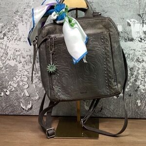 The Sak Leather Gray/ Green Embossed Leather Backpack